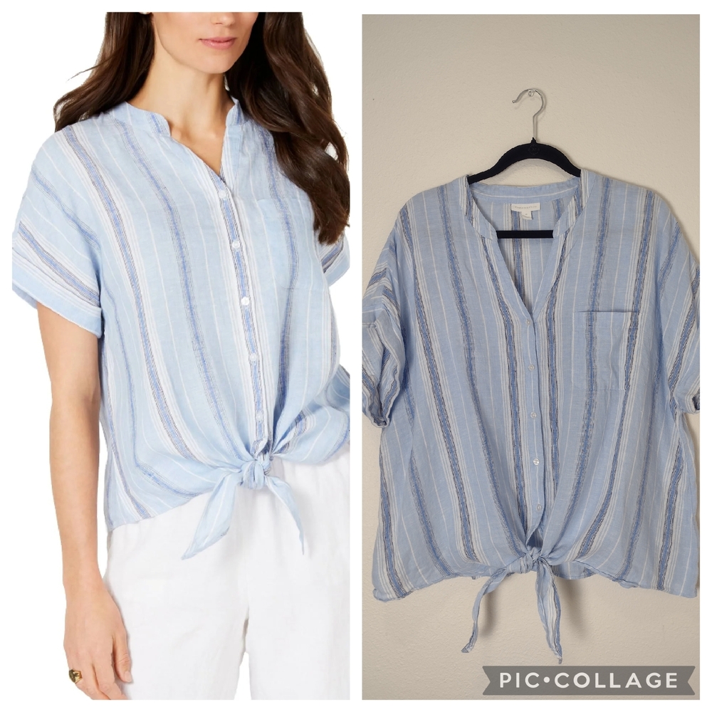 Charter Club Blue Striped 100% Linen Relaxed Button Down Tie Front Top Size XL